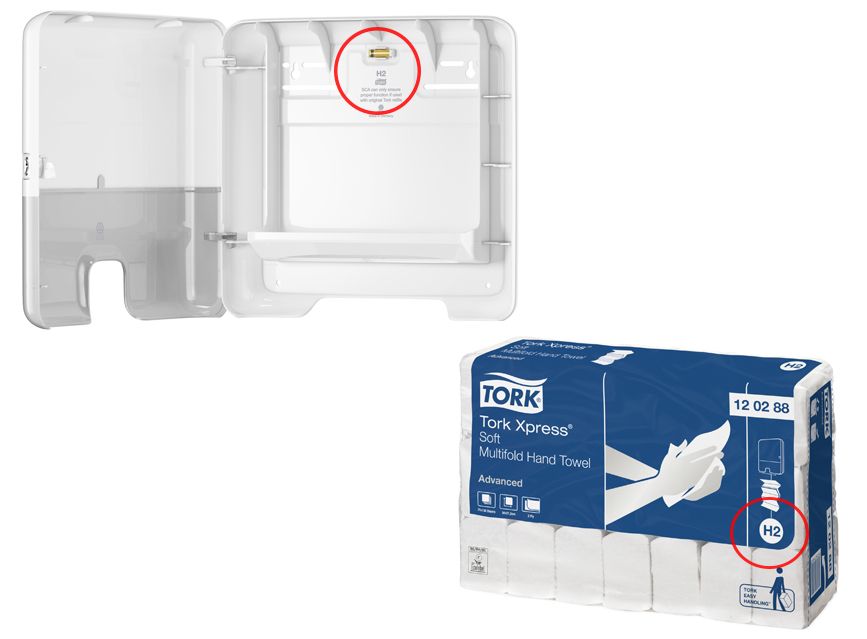 De H2 Dispenser van Tork en de bijbehorende multigevouwen handdoekjes.