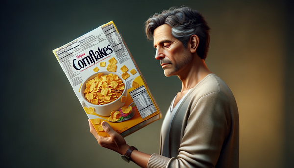 Man die cornflakes verpakkinge bekijkt